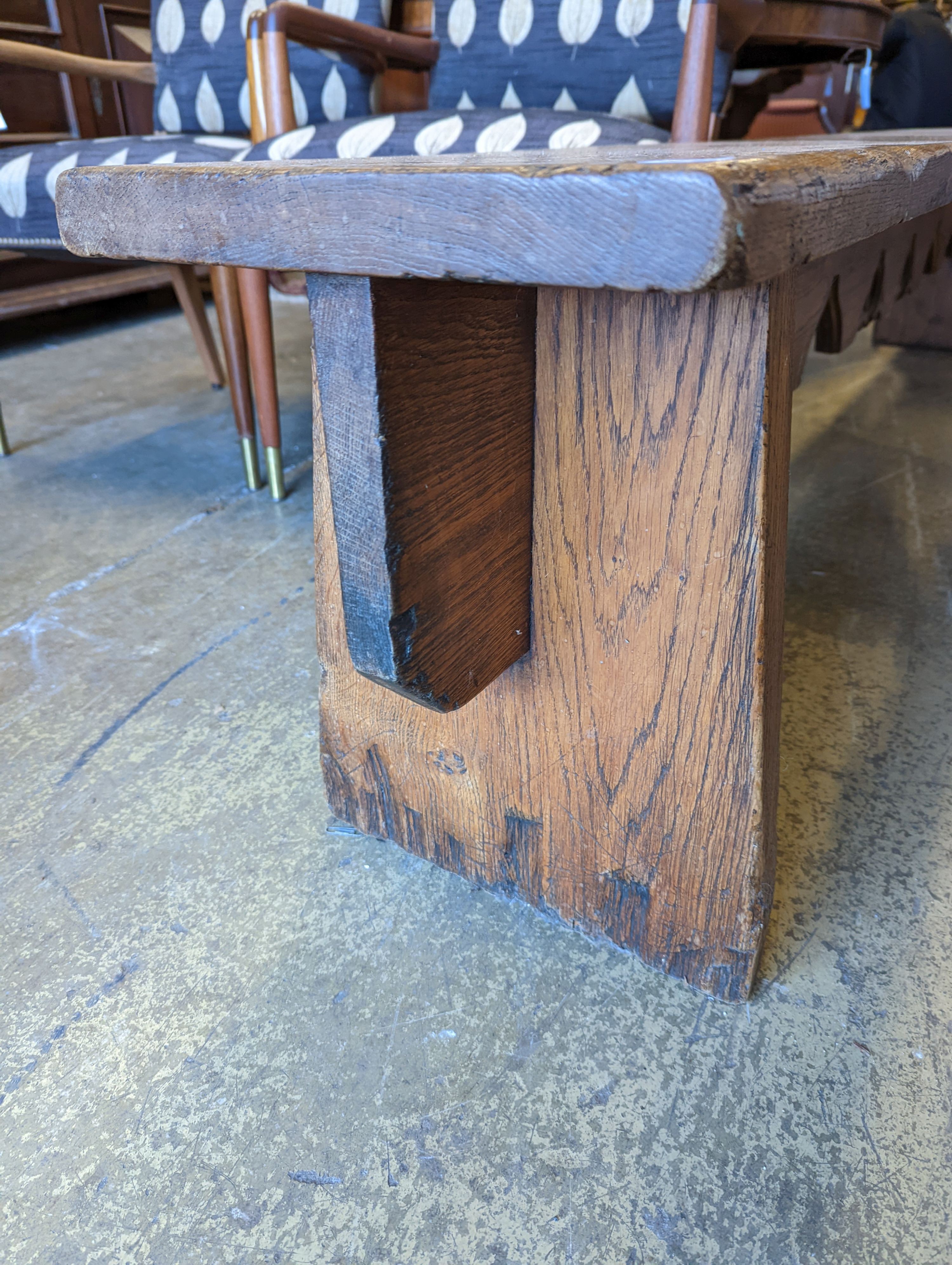 A pair of 18th century style oak benches, length 234cm, depth 30cm, height 46cm